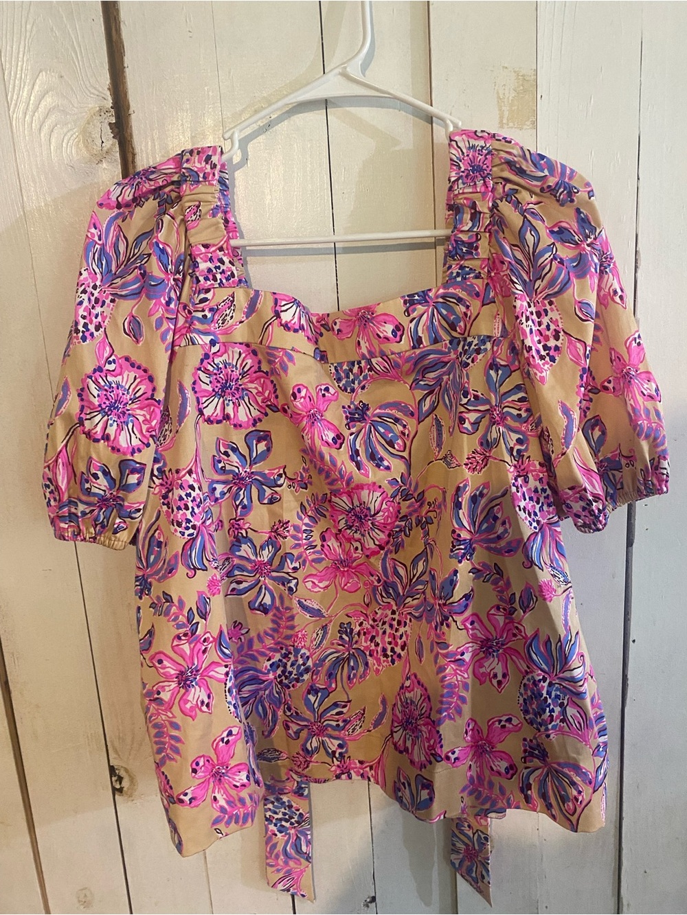 Lilly Pulitzer Pink and Tan Floral Square-Neck Puff Sleeve Blouse
